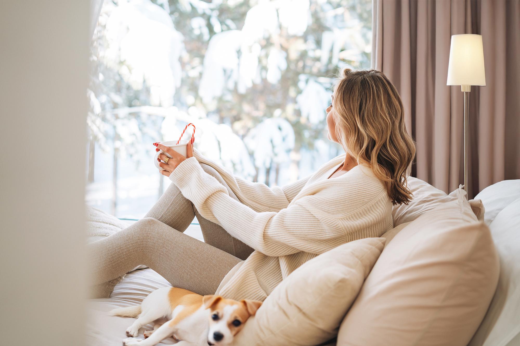 Frau mit Hund auf Sofa schaut sich die Winterlandschaft an